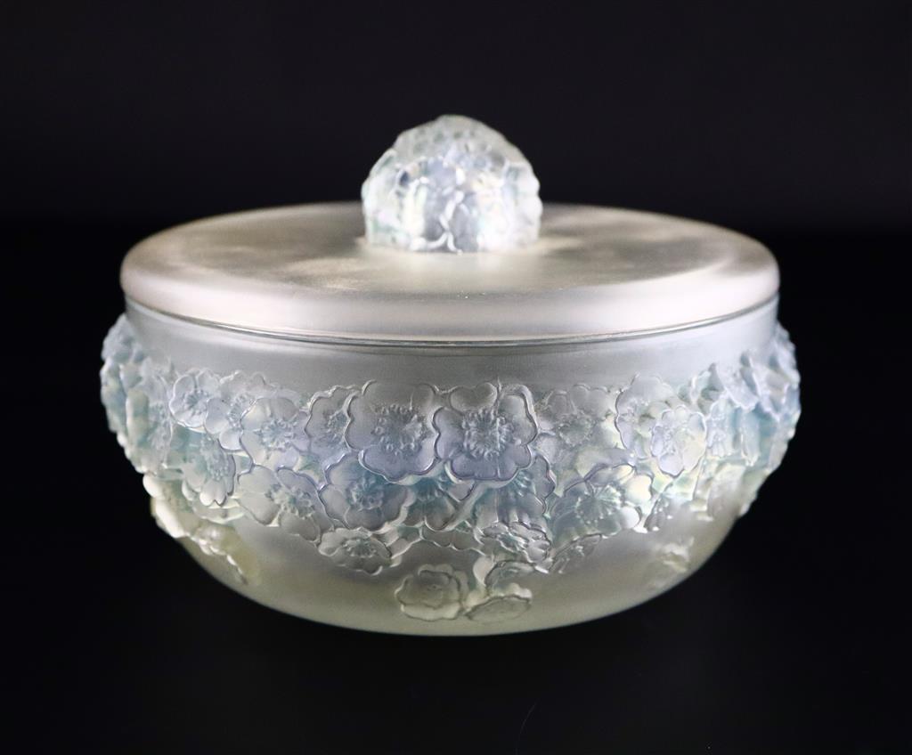 René Lalique. A pre-war opalescent glass Primeveres pattern bowl and cover, no.86?, designed in 1930, 16cm diameter